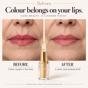 Illustrative makeup comparison: colour caught in fine lines versus a clean, even-looking finish