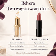 Two ways to wear colour: the Belvora colour-developing balm versus a classic pigmented lipstick